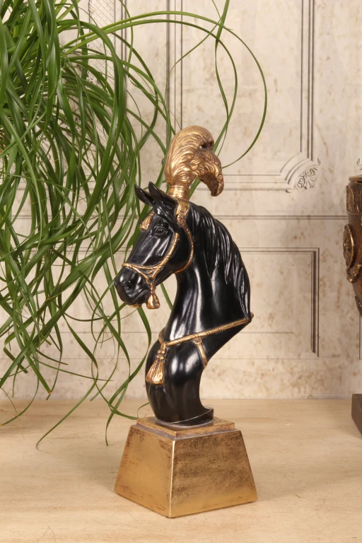 Socha koně hlavy – černá/zlatá – 36,5 cm