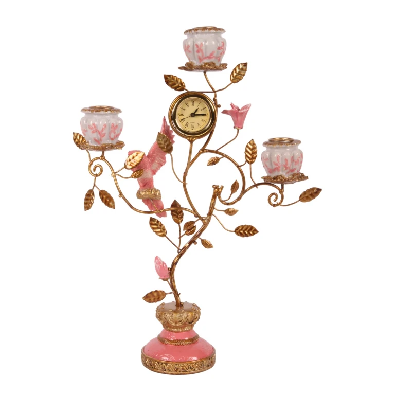 Kandelábř Papoušek s hodinami - 32 cm - růžová - umělá pryskyřice