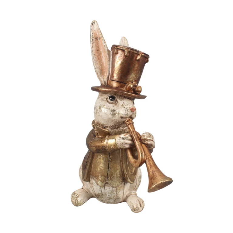 Králíčková soška s trumpetou – zlatá – 17 cm