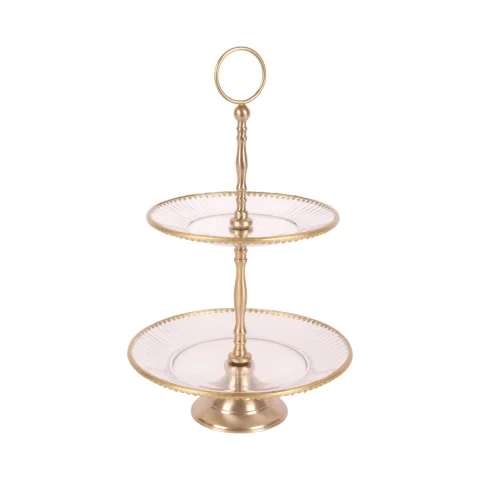Etagère - 2-laags - 38 cm - goud - messing en glas