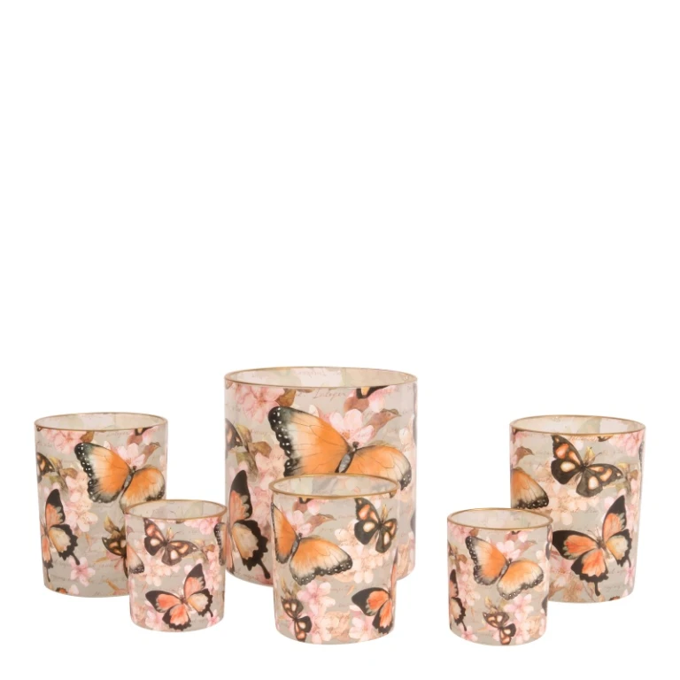 Držák na svíčky s motýly – růžový – sklo – 15 cm