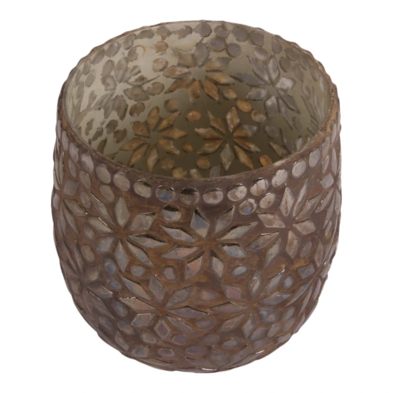 Držák na svíčky Mozaikový květ – hnědý – sklo – 12 cm